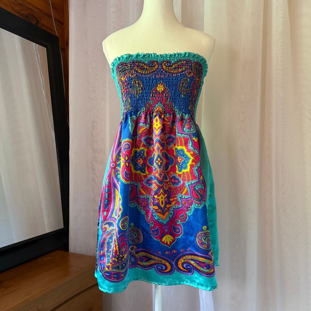Mascara Y2K Turquoise Paisley Scarf Print Strapless Mini Dress Sz Large